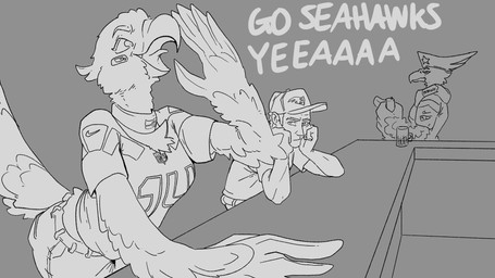 alcohol anthro bar baseball_cap beak beer beverage clothed clothed_anthro clothed_female clothed_male clothing female football_jersey group hat headgear headwear male trio 4chan_anon anonymous_artist new_england_patriots nfl nike seattle_seahawks accipitrid accipitriform avian bird human mammal 16:9 hi_res monochrome widescreen