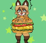 anthro brown_body brown_fur burger burger_costume clothing costume female female_anthro food food_costume fur green_eyes hair leg_markings markings simple_background socks_(marking) solo white_body white_fur conditional_dnp unknown_artist averi_(fiddleafox) canid canine fox mammal red_fox true_fox absurd_res hi_res