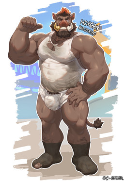 anthro arm_hair armpit_hair barazoku beard biceps body_hair brown_body brown_hair bulge chest_hair clothed clothing deltoids ear_piercing eyebrows facial_hair footwear forearms gesture gold_tusks hair hand_gesture happy_trail highlights_(coloring) leg_hair looking_at_viewer male muscular muscular_anthro muscular_arms muscular_male piercing pointing pointing_at_self pubes red_highlights shirt simple_background smile socks solo standing tail tank_top text topwear torn_clothing tusks underwear yellow_eyes estper horgan_barderigg_(estper) mammal suid suine sus_(pig) wild_boar 2024 hi_res