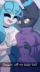 2019 absurd_res anthro big_breasts black_body black_fur blue_body blue_fur breast_squish breasts breasts_frottage camera_view canid canine clothed clothing digital_media_(artwork) duo eeveelution english_text eyes_closed eyewear fan_character female fur generation_2_pokemon generation_4_pokemon gesture glaceon glasses hand_gesture hi_res looking_at_viewer mammal midriff nintendo open_mouth pokemon pokemon_(species) pokemorph seirva selfie shiny_pokemon shirt sibling_(lore) simple_background sister_(lore) smile snapchat squish standing sweater text topwear umbreon v_sign