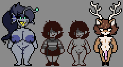 anthro antlers areola balls big_areola big_balls big_breasts big_nipples big_penis blue_areola blue_eyes blue_hair blue_nipples blush bottomwear breasts brown_body brown_fur brown_hair clothed clothing dark_hair feet female fin footwear fur genitals grey_body grey_scales grey_skin grin group hair hooves horn huge_areola huge_breasts huge_penis humanoid_genitalia humanoid_penis looking_at_viewer lure_(anatomy) male navel nipples nude penis ponytail scales sharp_teeth shoes simple_background skirt small_breasts small_waist smile standing sweater teeth thick_thighs topwear trio tuft vulva wide_hips moronicpixels deltarune undertale_(series) asroyal_sagittarius fan_character vessie_the_vessel angler anglerfish aquatic deer fish human humanoid mammal monster digital_media_(artwork) pixel_(artwork)