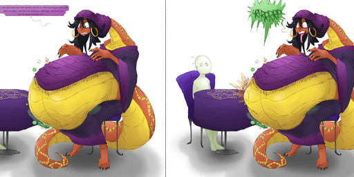 after_vore anthro belly big_belly black_hair clothing faceless_character faceless_male female female_pred furniture group hair male orange_body overweight purple_clothing sitting speech_bubble table text trio vore grindaviking nightmarebros third-party_edit belinda_(spider8fiend) human mammal reptile scalie snake 2023 english_text hi_res