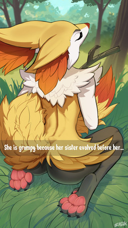 anthro anthrofied back_tuft big_butt big_tail black_body black_fur butt cheek_tuft displeased eyes_closed facial_tuft female fluffy fluffy_tail fur looking_away outside pawpads paws pokemorph rear_view red_nose stick tail text tuft yellow_body yellow_fur sajik nintendo pokemon braixen generation_6_pokemon pokemon_(species) 4k 9:16 absurd_res english_text hi_res