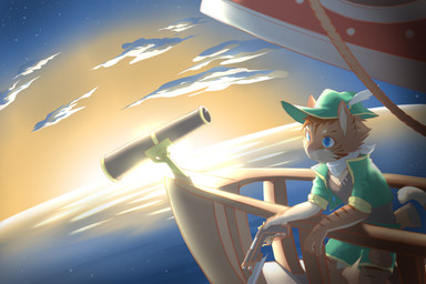 anthro blue_eyes bottomwear brown_body brown_fur clothing cloud feathers fur green_bottomwear green_clothing green_hat green_headwear green_topwear grey_clothing gun hat headgear headwear loose_feather multicolored_body multicolored_fur outside ranged_weapon solo sunset tan_body tan_fur topwear weapon whiskers white_body white_clothing white_feathers ayerart domestic_cat felid feline felis mammal 3:2 hi_res