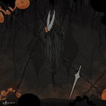 2_horns bound chain cloak clothed clothing eyes_closed horn melee_weapon nail_(weapon) solo sword text wall_(structure) weapon ekkopiee hollow_knight team_cherry hollow_knight_(character) the_infection_(hollow_knight) arthropod infected_(species) 1:1 2024 artist_name digital_media_(artwork) english_text nonbinary_(lore)