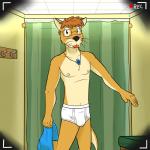 1:1 anthro blue_bottomwear blue_clothing blue_pants bottomwear briefs brown_hair bulge clothing coat_hook eyewear felid fitting_room front_view fuze glasses hair hi_res holding_bottomwear holding_clothing holding_object holding_pants inside jewelry looking_at_viewer male mammal mustelid necklace nipples one_way_mirror otter pants recording solo standing tighty_whities underwear vignette white_briefs white_clothing white_underwear