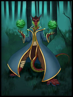 anthro black_border border clothing fog foggy_background forest fur glowing hair jewelry looking_at_viewer magic magic_user male pendant plant robe sash smile solo spell standing tail tree lunhiss mythology dragon mythological_creature mythological_scalie scalie 2023 3:4 digital_drawing_(artwork) digital_media_(artwork) hi_res shaded signature