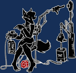 anthro dynamite explosives female machine pushbutton robotic_arm rube_goldberg_machine simple_background solo tail tnt transparent_background oce tia_nay canid canine fox mammal red_fox true_fox alpha_channel black_and_white low_res monochrome