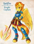 2015 amber_eyes ambris anthro anthrofied armor english_text equid equine feathered_wings feathers female friendship_is_magic fur hair hasbro hi_res mammal melee_weapon multicolored_hair my_little_pony mythological_creature mythological_equine mythology pegasus polearm solo spear spitfire_(mlp) text two_tone_hair weapon wings wonderbolts_(mlp) yellow_body yellow_feathers yellow_fur