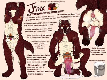 ambiguous_gender animal_genitalia anthro anus aphrodisiac aphrodisiac_bodily_fluids armpit_hair balls big_balls big_penis black_tongue bodily_fluids body_hair canine_genitalia cum daddy_kink dominant dominant_male ear_piercing ear_ring excessive_cum excessive_genital_fluids excessive_precum feet fur genital_fluids genital_piercing genitals gold_(metal) gold_tooth green_eyes grey_hair hair huge_balls huge_penis knot knuckle_tattoo male mullet multicolored_body musclegut muscular muscular_male musk musky_armpit musky_balls musky_penis nipple_piercing nipples paws penis penis_piercing pheromones piercing precum prehensile_tongue prince_albert_piercing pubic_tattoo puffy_anus red_body red_fur ring_piercing sheath solo stripes sweat sweaty_feet sweaty_paws tattoo tongue white_body white_fur oshaviolation jinx_(muskypupjinx) canid canine canis demon dingo hybrid hyena mammal absurd_res hi_res model_sheet