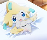 bed blue_eyes female furniture genitals lying on_back on_bed pillow pussy solo white_body yellow_body harusupu nintendo pokemon generation_3_pokemon jirachi legendary_pokemon pokemon_(species)