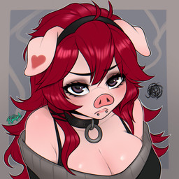 collar facial_piercing female grumpy hair lip_piercing piercing red_hair snakebite_piercing solo mizky domestic_pig mammal suid suine sus_(pig) 1:1 absurd_res hi_res portrait