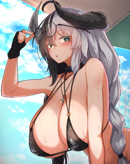 big_breasts bikini blush bodily_fluids breasts clothed clothing cloud cross cross_necklace eyewear female glasses horn jewelry necklace not_furry outside sky solo sweat swimwear two-piece_swimsuit umbrella wearing_glasses tylwing horned_humanoid humanoid hi_res