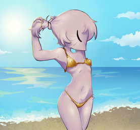 beach bikini blush blush_lines clothing crotch_tuft detailed_background eyes_closed female fur fur_tuft gold_bikini gold_swimwear hair navel ponytail purple_body purple_fur sea short_hair sky solo standing swimwear tuft two-piece_swimsuit tying_hair wardrobe_malfunction water water_drop ghoulshoot golden_week ghoul_(ghoulshoot) humanoid unknown_species hi_res shaded