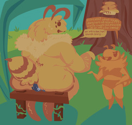 angry anthro bodily_fluids butt butt_grab dialogue facesitting female female/female fluffy fluffy_tail forbidden_relationship grass group hand_on_butt hiding looking_away nervous nervous_smile nervous_sweat nude outside overweight overweight_female plant rear_view scared sitting sitting_on_another size_difference sky smothering speech_bubble stinger sweat tail text tree trio sinnerish ant arthropod bee hymenopteran insect absurd_res english_text hi_res