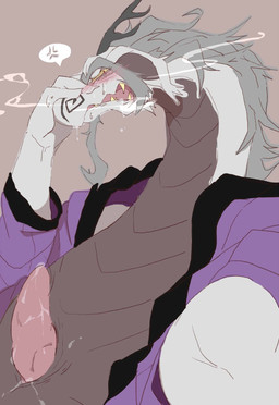 animal_genitalia anthro beard blush bodily_fluids clothed clothing cum elderly erection facial_hair front_view genital_fluids genital_slit genitals grey_hair hair horn looking_at_viewer male mature_anthro mature_male open_clothing open_mouth open_robe partially_clothed penis precum presenting robe solo white_body white_skin mikanyeye asian_mythology east_asian_mythology little_witch_academia mythology studio_trigger fafnir_(little_witch_academia) dragon eastern_dragon mythological_creature mythological_scalie scalie hi_res
