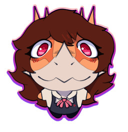 anthro brown_hair chibi female hair orange_body red_eyes solo chocoraptor304 goodbye_volcano_high ko_op_(game_developer) noelling_(meme) rosa_(gvh) aquilops ceratopsian dinosaur marginocephalian ornithischian prehistoric_species reptile scalie hi_res trans_(lore) trans_woman_(lore)