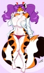 anthro big_breasts black_stripes blush breasts clothed clothing curvy_figure female fluffy fluffy_tail fur green_eyes hair huge_breasts long_hair looking_at_viewer multicolored_body multicolored_fur orange_body orange_fur panties partially_clothed pigtails purple_hair shirt smile solo stripes tail topwear two_tone_body two_tone_fur underwear voluptuous white_body white_fur wide_hips chalo las_lindas tiggs felid mammal pantherine tiger 2015