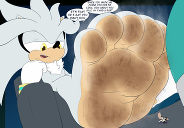 4_toes ambiguous_gender anthro brown_hair chair chest_fur countershade_feet countershading dialogue dirty dirty_feet duo extreme_size_difference feet foot_fetish foot_focus fur furniture hair hand_on_cheek looking_down male musk musky_feet sitting size_difference smelly smelly_feet speech_bubble text threatening threatening_vore toes white_body white_fur wings yellow_eyes sokz sega sonic_the_hedgehog_(series) silver_the_hedgehog bat eulipotyphlan hedgehog mammal absurd_res english_text hi_res
