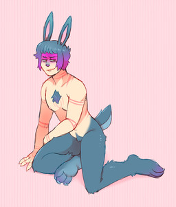 alternate_species blue_body blue_fur blue_hair chest_tuft fur hair half-closed_eyes highlights_(coloring) narrowed_eyes purple_highlights smile smirk smug smug_face solo tan_body tan_skin tuft darkchibishadow solanaceae battam_(solanaceae) animal_humanoid humanoid lagomorph lagomorph_humanoid leporid_humanoid mammal mammal_humanoid rabbit_humanoid
