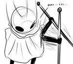 2_horns ambiguous_gender biped black_arms black_eyes black_legs black_text cloak clothing holding_melee_weapon holding_object holding_weapon horn melee_weapon one_eye_closed simple_background solo standing text weapon white_background white_head skeletorskeletonized hollow_knight team_cherry hornet_(hollow_knight) arthropod 2020 digital_media_(artwork) english_text