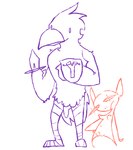 anthro balls beak breasts casual_nudity closed_frown closed_smile duo empty_eyes eyelashes feathers featureless_feet feet female fingers flaccid genitals hand_on_hip holding_melee_weapon holding_object holding_shield holding_sword holding_weapon innie_pussy larger_anthro larger_male male medium_breasts melee_weapon mouth_closed navel nipples nude orange_line_art penis pupils purple_line_art pussy shield simple_background size_difference smaller_female smaller_humanoid smile standing sword tail tail_feathers weapon white_background the_weaver avian bird goblin humanoid colored_line_art digital_media_(artwork) full-length_portrait portrait restricted_palette