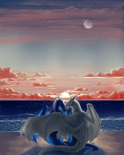 ambiguous_gender beach blue_body blue_scales detailed_background duo feral fur hair membrane_(anatomy) membranous_wings moon nude outside romantic romantic_ambiance sand scales seaside shore sitting sky star starry_sky sun sunset tail twilight water wave white_body white_fur white_hair wings aaros mythology dragon mythological_creature mythological_scalie scalie hi_res