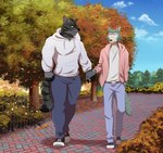 anthro autumn clothing duo footwear hand_holding male male/male muscular outside plant shirt smile topwear tree tommysamash beastars converse alex_nightmurr legoshi_(beastars) canid canine canis mammal wolf absurd_res hi_res story story_in_description