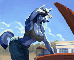 5_fingers anthro bent_over biped blue_body blue_fur blue_hair blue_tail bodily_fluids breasts claws clothed clothed_anthro clothed_female clothing cloud countershade_fur countershade_torso countershading day female finger_claws fingers fur grease_stains hair muscular muscular_female navel outside purple_eyes sky solo standing sweat tail tomboy tools vehicle wrench neracoda canid canine canis mammal wolf 2025 digital_media_(artwork) hi_res