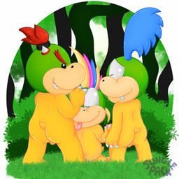 anthro anthro_on_anthro balls bodily_fluids butt claws eyes_closed fellatio genitals group group_sex handjob male male/male nipples nude oral penile penis saliva sex shell-less slightly_chubby trio yellow_body young k_vicko mario_bros nintendo bowser_jr. koopaling larry_koopa lemmy_koopa koopa scalie 1:1 absurd_res hi_res