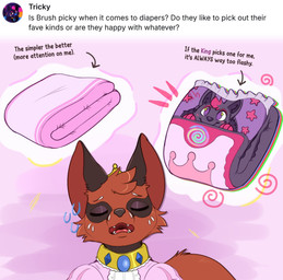 ambiguous_gender anthro cheek_tuft clothed clothing diaper eyes_closed facial_tuft fangs front_view fur hair head_tuft open_mouth pink_clothing pink_topwear princess red_body red_fur red_hair red_tongue royalty solo teeth text tongue topwear tuft bunnykisses nintendo pokemon brush_(bunnykisses) canid canine fox generation_8_pokemon mammal nickit pokemon_(species) bust_portrait english_text hi_res portrait
