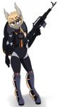 anthro armor assault_rifle blonde_hair braided_hair clothing fangs female gun hair jet_pack leotard looking_at_viewer pose ranged_weapon rifle solo teeth weapon replica_(artist) hasbro my_little_pony fan_character prototyp_(manualreplica) bat_pony equid mammal 2017 hi_res story story_in_description