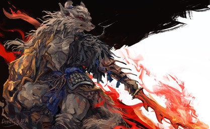 angry annoyed anthro athletic black_sclera clenched_teeth clothed clothing front_view grey_body hair holding_melee_weapon holding_object holding_sword holding_weapon male melee_weapon open_clothing open_topwear pecs red_eyes solo standing sword teeth topwear weapon white_hair devilfish_(artist) black_myth:_wukong guangzhi canid canine canis mammal wolf 2024 hi_res signature