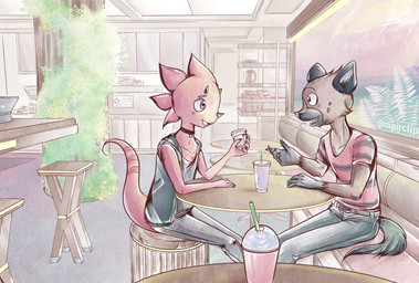 anthro belt beverage black_nose blush bottomwear cafe chair cheek_tuft chin_tuft choker clothed clothing denim denim_bottomwear denim_clothing detailed_background duo facial_tuft femboy fingers fluffy fluffy_tail fur furniture hair inner_ear_fluff inside jeans jewelry kemono legwear male male/male markings messy_hair necklace pants raised_tail ring_(marking) ringed_tail shirt sitting spots spotted_body spotted_face spotted_fur striped_markings striped_tail stripes table tail tail_markings tail_tuft topwear tuft underbite vest tapirclip aggretsuko animal_crossing nintendo sanrio flick_(animal_crossing) haida_(aggretsuko) chameleon hyena lizard mammal reptile scalie spotted_hyena 2020 digital_media_(artwork) hi_res signature
