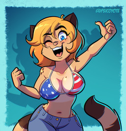 4_fingers american_flag_bikini anthro arm_tuft big_breasts bikini bikini_top blonde_hair blue_eyes bottomwear breasts clothing collarbone denim denim_bottomwear denim_clothing denim_shorts eyebrow_through_hair eyebrows eyelashes female fingers flag_bikini fur glistening glistening_breasts hair holidays looking_at_viewer markings mole_(marking) mole_on_breast mole_under_eye navel one_eye_closed open_mouth open_smile shorts shoulder_tuft smile solo suntan swimwear tan_body tan_fur tan_line teeth tongue translucent translucent_hair tuft two-piece_swimsuit wink psicoyote 4th_of_july cassandra_(psicoyote) domestic_cat felid feline felis mammal digital_drawing_(artwork) digital_media_(artwork) hi_res