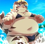 anthro belly big_belly clothed clothing crossdressing detailed_background humanoid_hands kemono male moobs navel outside overweight overweight_male solo swimwear water white_body ptcmtr lifewonders tokyo_afterschool_summoners licho_(tas) felid mammal pantherine tiger 2022