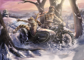 anthro day detailed_background duo female male nude outside plant sky snow tree wolfroad felid feline mammal 2015 absurd_res digital_media_(artwork) hi_res