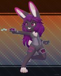 action_pose anthro biped buckteeth chest_tuft clothing corset corset_only cybernetics eyebrows featureless_chest featureless_crotch feet female front_view grin hair lingerie long_hair machine markings mostly_nude pink_body pink_nose pose purple_eyes purple_hair scut_tail shooting short_tail simple_background smile solo tail teeth toeless_(marking) topwear tuft white_markings jamesfoxbr lagomorph leporid mammal rabbit robot 2024 hi_res