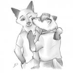 clothed clothing duo kissing male male/male one_eye_closed smile wink gerardson disney zootopia gideon_grey nick_wilde canid canine fox mammal red_fox true_fox 1:1 hi_res monochrome