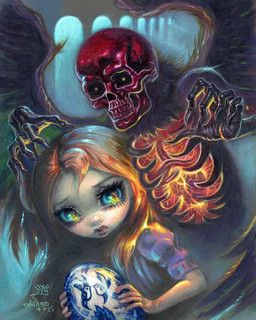 ambiguous_gender bone claws clothed clothing duo egg eyebrows eyelashes feathered_wings feathers female hair lips long_hair looking_at_viewer not_furry red_skull_(anatomy) skeleton skull teeth topwear wings david_van_gough jasmine_becket-griffith animated_skeleton demon human humanoid mammal monster undead 2025 4:5 dated formal_art painting_(artwork) traditional_media_(artwork) traditional_painting_(artwork)