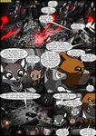 2016 absurd_res anthro battle bear brown_body brown_fur colored comic corpse death dialogue dialogue_box english_text eyewear female firing_weapon fur glasses grey_body grey_fur group hi_res in_our_shadow kitfox-crimson machine male mammal mecha mrs_granite_(kitfox-crimson) murid murine mustelid musteline procyonid raccoon rat rodent shooting size_difference sodalite_(kitfox-crimson) speech_bubble text true_musteline vehicle weasel