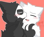 anthro black_body black_fur black_sclera blush daww duo eyes_closed fur hand_holding kissing kissing_cheek male male/male mask open_mouth outline red_background simple_background text white_body white_eyes white_fur white_outline usida_moomoo changed_(video_game) lin_(changed) puro_(changed) canid canine canis mammal wolf 2020 digital_media_(artwork) korean_text