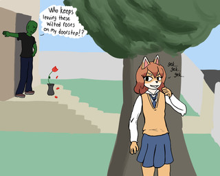 accessory anthro bottomwear clothing countershading dipstick_ears ear_markings faceless_character faceless_male female flower fur laugh male markings multicolored_ears necktie plant rose_(flower) school_uniform skirt tailless text tree uniform yellow_body yellow_fur anonymous_artist anon bully_fox canid canine fox mammal 5:4 absurd_res english_text hi_res