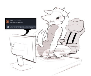 ambiguous_gender anthro blush chair clothing desk electronics furniture gaming_chair keyboard looking_back monitor one-piece_swimsuit raised_tail smile solo swimwear table tail sugarcollars discord_(app) canid canine mammal meme