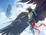 ambiguous_gender anthro armor biped blue_sky brown_body brown_feathers brown_wings cloud feathered_wings feathers flying group headgear helmet holding_melee_weapon holding_object holding_polearm holding_spear holding_sword holding_weapon melee_weapon metal_armor plate_armor polearm sky solo_focus spear sword weapon wings cristi_balanescu hasbro magic:_the_gathering wizards_of_the_coast accipitrid accipitriform avian bird 2020 hi_res official_art
