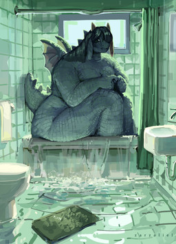anthro back_wings bathroom bathtub breasts female flooding green_body green_scales horn non-mammal_breasts nude overweight overweight_anthro overweight_female scales shower shower_curtain solo wings zarzaliel mythology dragon mythological_creature mythological_scalie scalie absurd_res hi_res