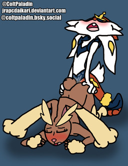 anthro bodily_fluids cum cum_inside duo female genital_fluids male male/female sex jrapcdaikari nintendo pokemon cinderace generation_4_pokemon generation_8_pokemon lagomorph leporid lopunny mammal pokemon_(species) rabbit hi_res