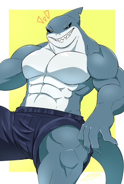 abs anthro biceps black_sclera bottomwear clothed clothing male muscular muscular_anthro muscular_male pecs shark_fin shark_teeth shorts shorts_only solo topless yellow_eyes nolly_(artist) aquatic fish shark 2022 colored hi_res