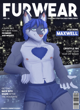 anthro boxers_(clothing) bulge city city_background clothed clothing detailed_bulge fur hair looking_at_viewer magazine male railing sky smile solo text underwear lubanart felid feline lynx mammal cover digital_media_(artwork) english_text hi_res magazine_cover