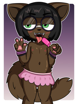 abstract_background anthro areola arm_tuft bangs belly biped black_hair blush bob_cut border bottomwear bracelet braces brown_arms brown_belly brown_chest brown_ears brown_face brown_hands brown_inner_ear brown_legs brown_neck brown_tail clothing elbow_tuft eyewear fangs female female_anthro fingerpads flat_chested floating_eyebrows fluffy fluffy_tail food frilly frilly_bottomwear frilly_clothing frilly_skirt gesture glasses gradient_background green_eyes hair half-closed_eyes hand_gesture handpaw jewelry knock-kneed licking_popsicle looking_aside miniskirt narrowed_eyes navel nipples open_mouth outline pawpads paws pink_pawpads popsicle pose round_glasses simple_background skirt standing tail teeth throat tongue tongue_out tuft uvula v_sign wearing_glasses white_border young young_anthro young_female dreameclipsewolf sasha_(dreameclipsewolf) domestic_cat felid feline felis mammal absurd_res cel_shading colored digital_media_(artwork) hi_res shaded